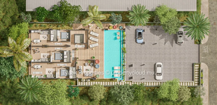 Appartement pieds dans l'eau à vendre à Grand Baie, 384m², 4 chambres, garage, piscine commune, vue mer, accès mer €.